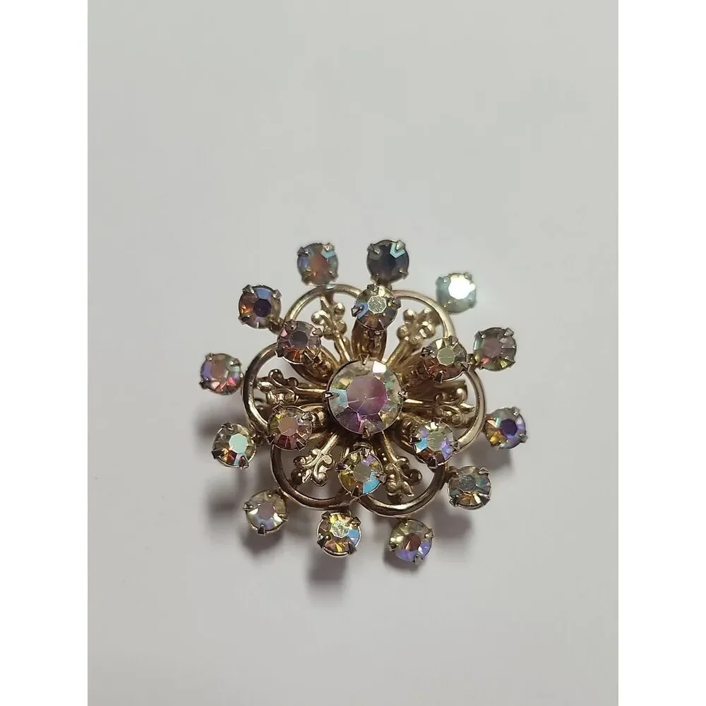 Vintage Aurora Borealis Crystal Gold-Tone Floral Brooch